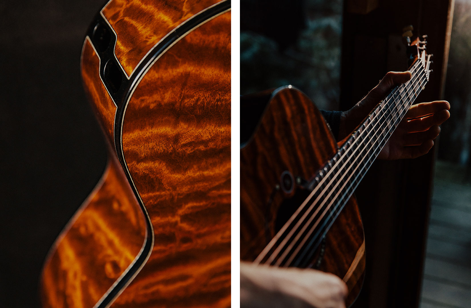 Diptych of a guitar. At left, a close up of the wood, with marbled red coloring. At right, a close up of the guitar being played.