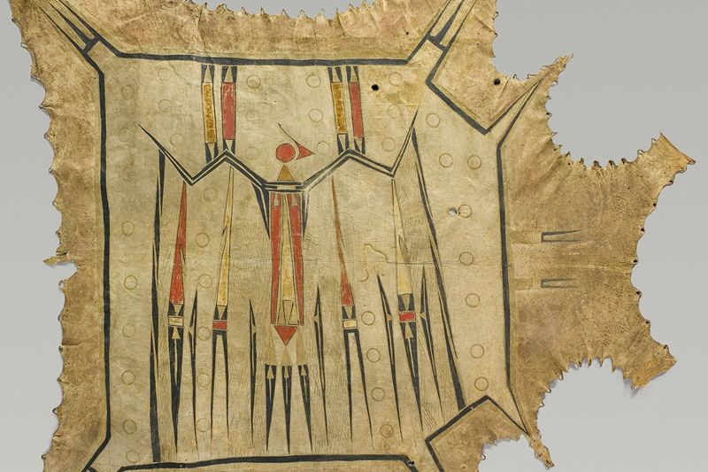 Detail view of an Eastern Plains Indians robe featuring a mythic bird