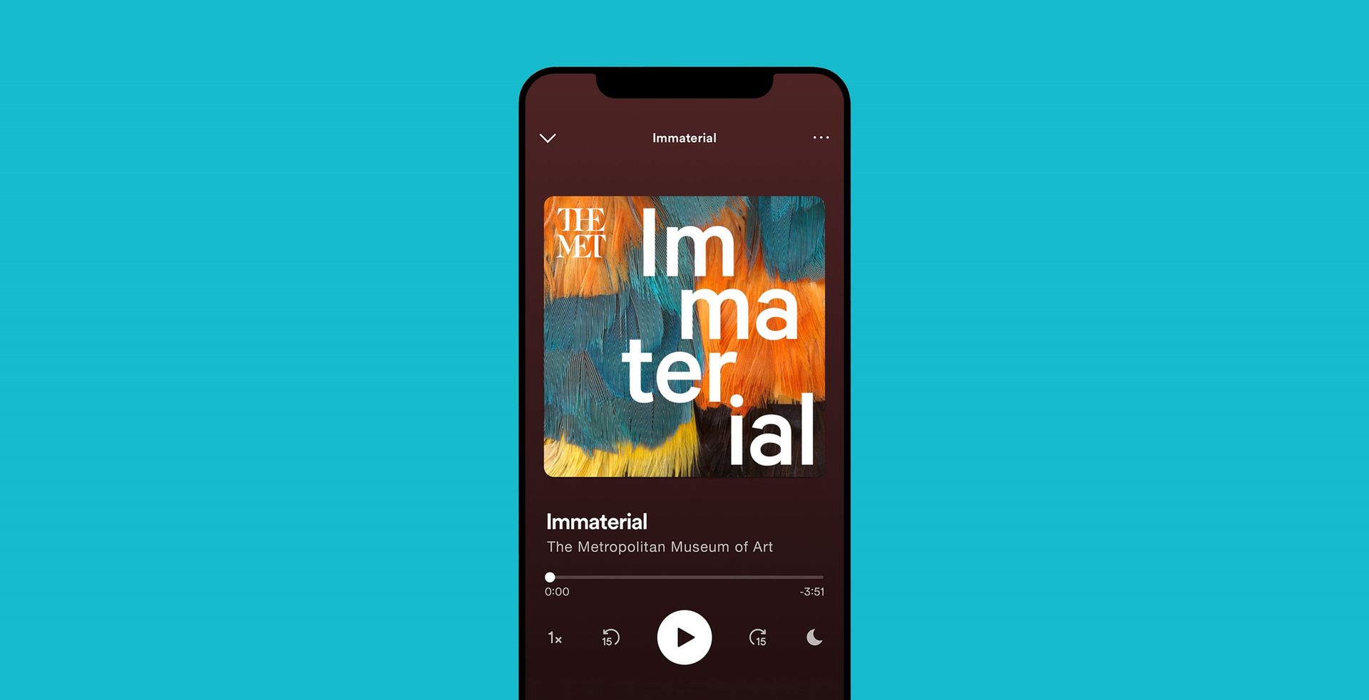 An iPhone showing the Immaterial podcast art for Season 2 - white "Immaterial" logo text superimposed on a close-up of colorful feathers.