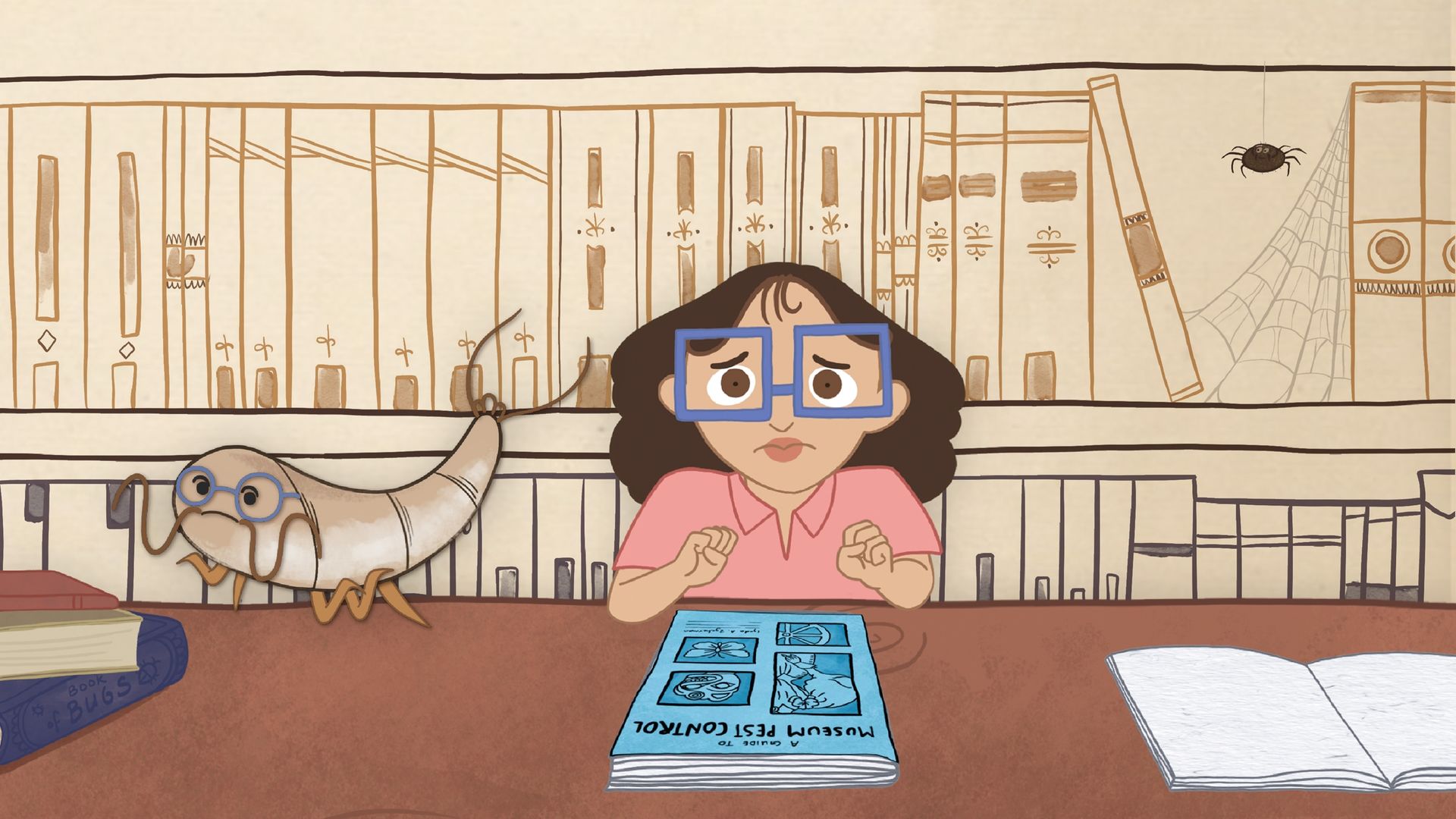 A young girl in glasses shivers in fear sitting next to a shrugging silverfish in glasses; she’s in a library seated in front of a book about pest management