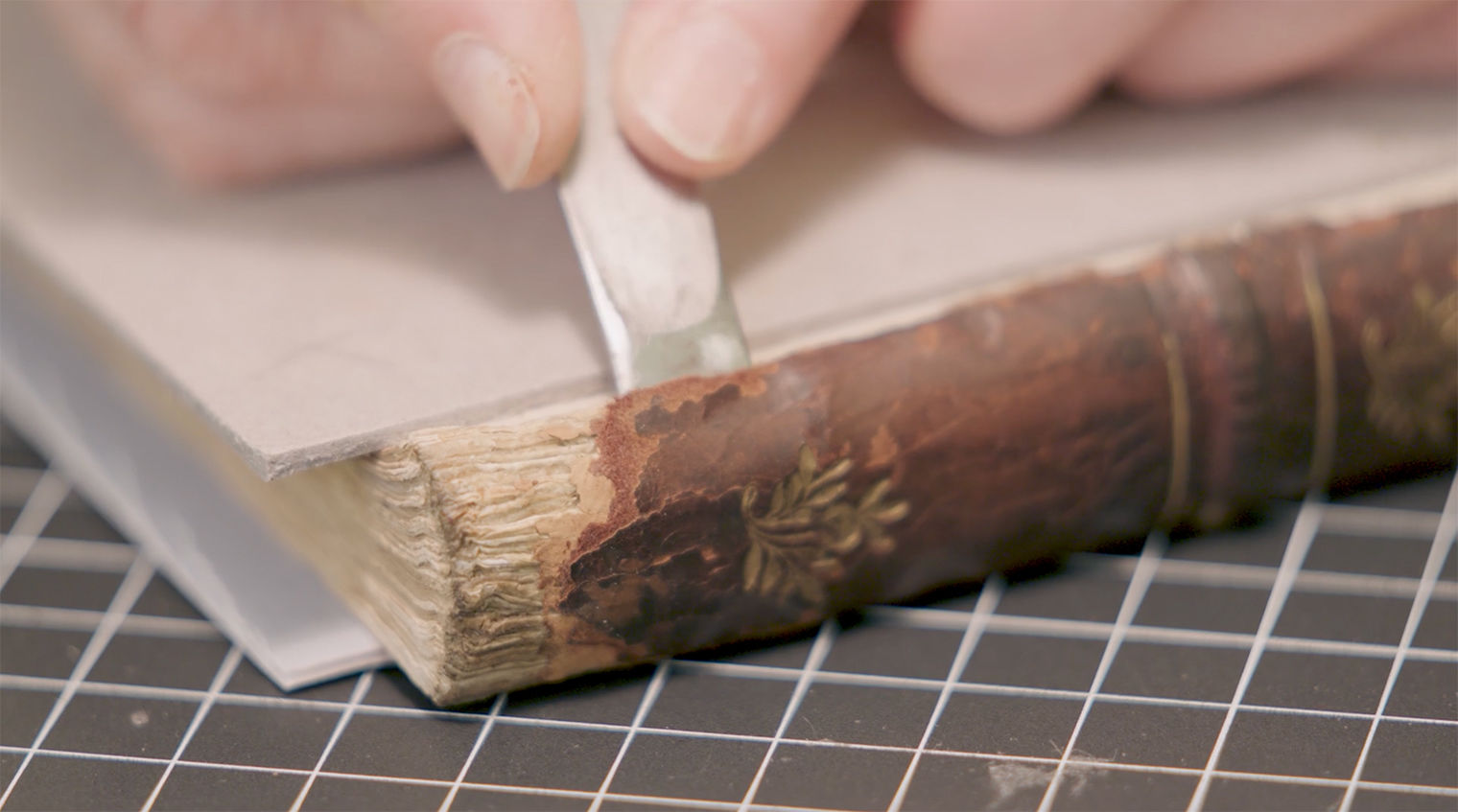 Close up image of conservator using a tool to carefully separate the deteriorated spine binding from an old book.